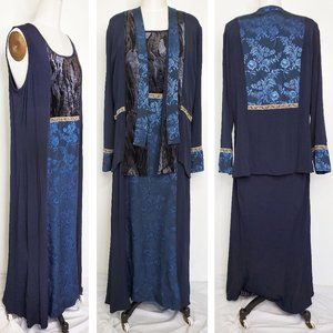 Spencer Alexis Womens 2 Piece Maxi Dress and Jacket Navy Velvet Jacquard USA 12